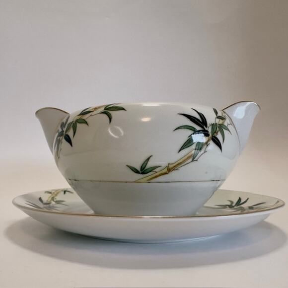 Kent Bali Hai China Gravy Boat/Attached Underplate Bamboo On Rim, Cream Rim VTG - Picture 5 of 16